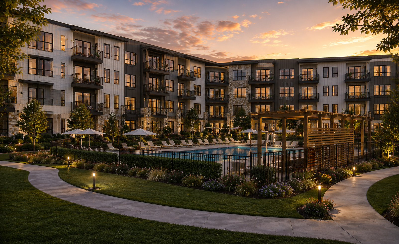 Resort-style pool courtyard at The Heights at sunset