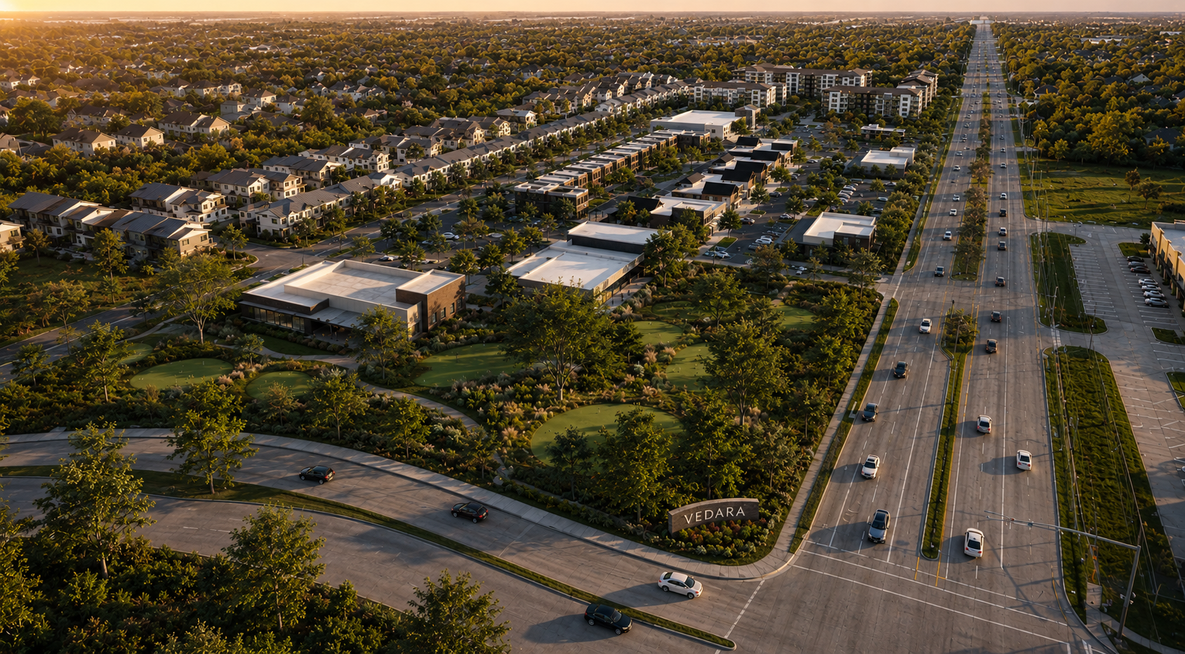 Aerial rendering of the Verdara lifestyle community at golden hour