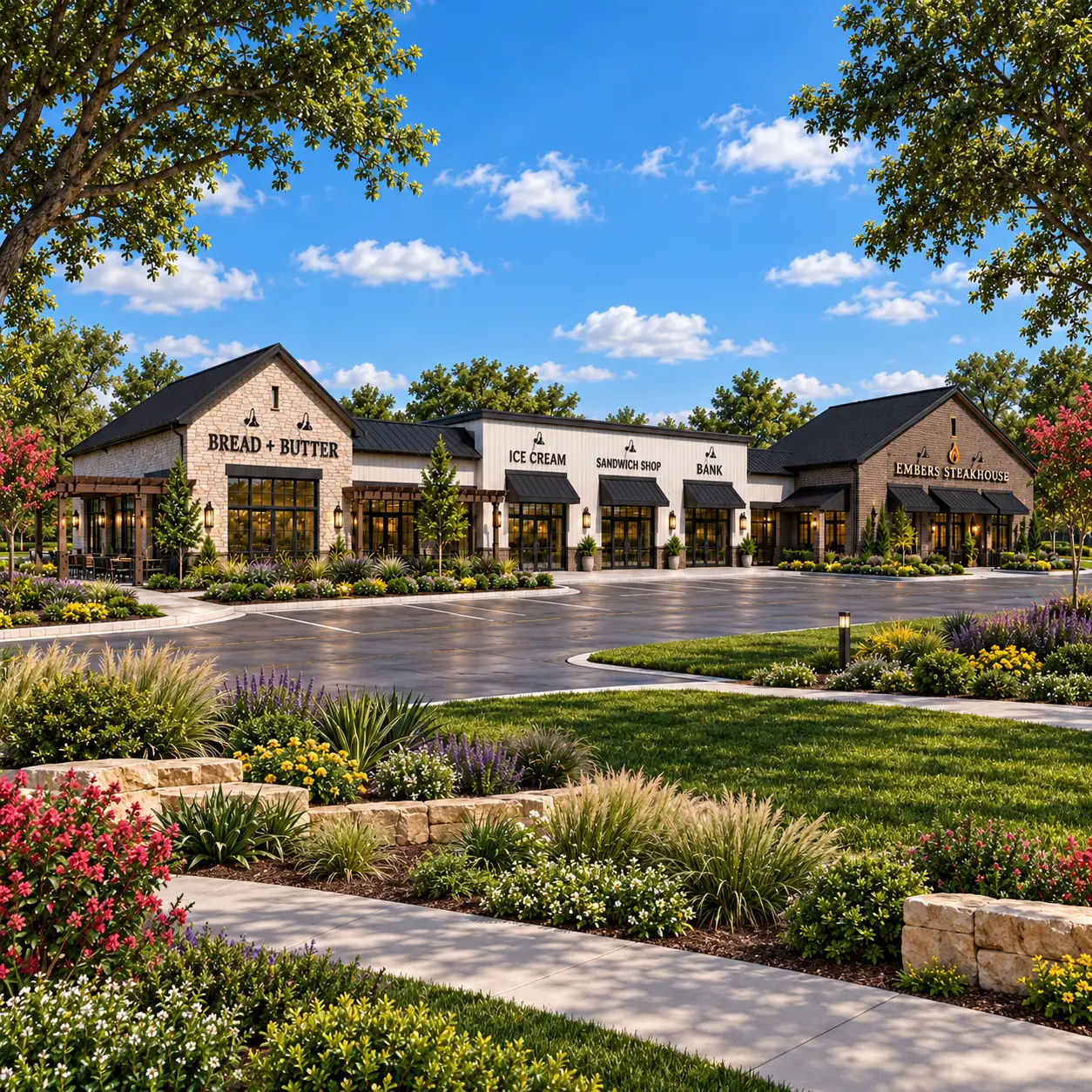 The Shops at Verdara retail district on a sunny day with landscaped walkways