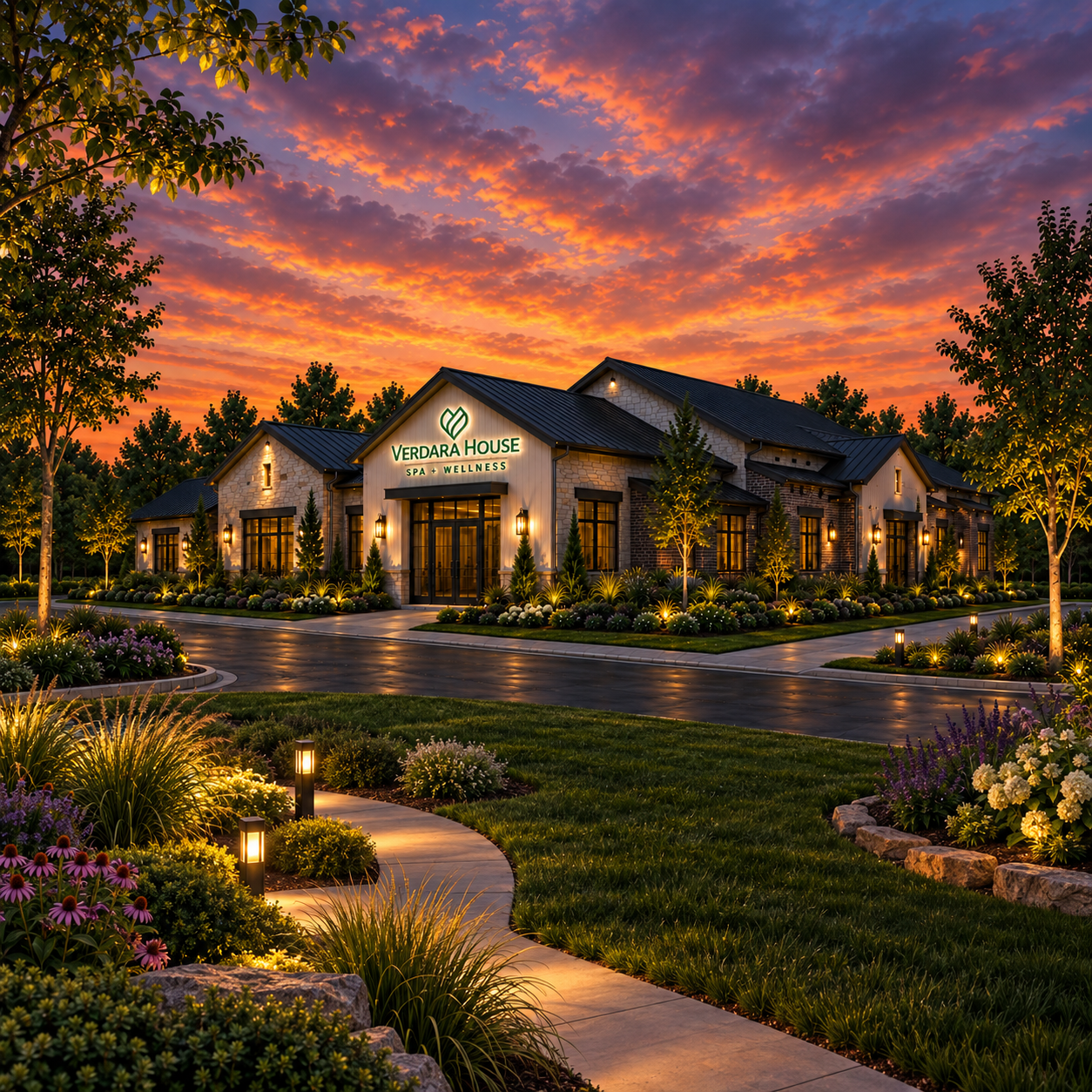 Verdara House spa and wellness entrance framed by gardens at dusk