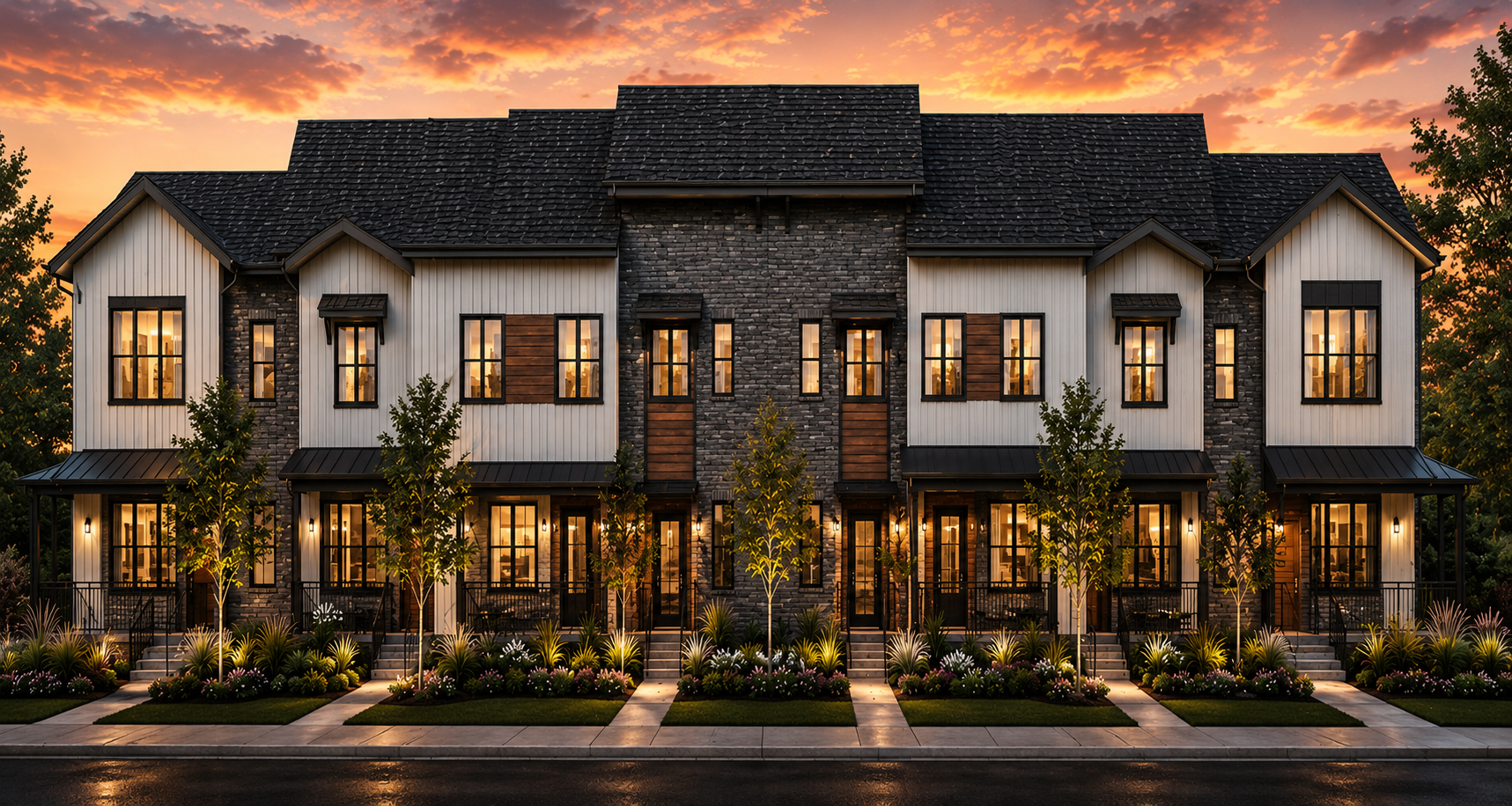 Modern townhome residences with stone and board-and-batten facades at sunset