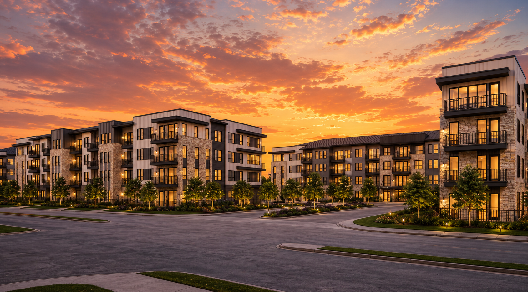 Evening street view of The Heights apartment residences