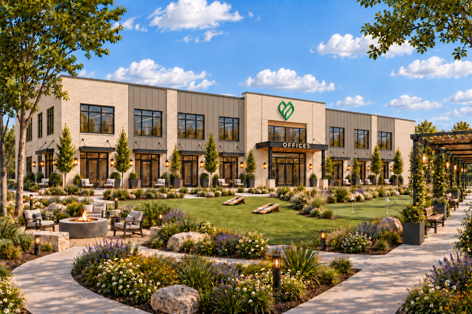 The Offices at Verdara courtyard on a bright day