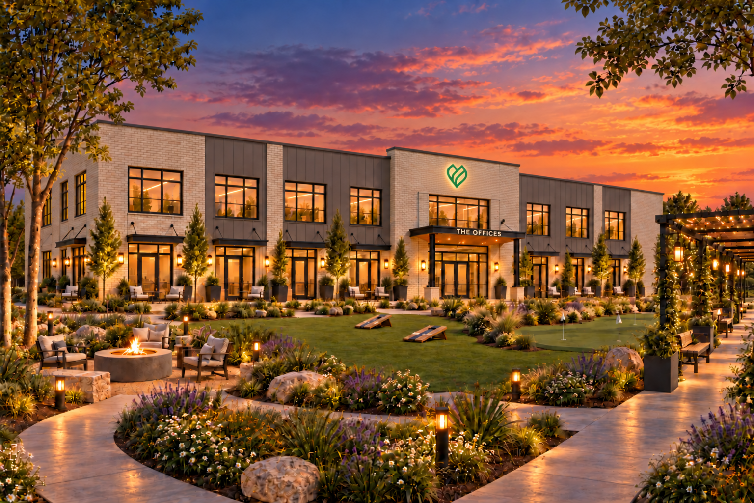 The Offices at Verdara with courtyard fire pit at sunset